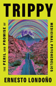 Book cover titled "trippy" by ernesto londoño, featuring a psychedelic design. a vivid road leads through a rocky desert towards a large moon, framed by multicolored concentric circles and a pink sky.