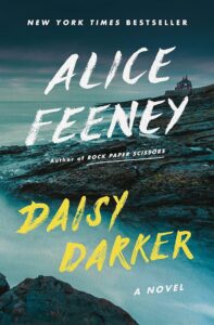 Book cover for "daisy darker" by alice feeney featuring rugged coastal cliffs under a stormy sky, with a small figure standing at the edge, and the title in bold, yellow text.