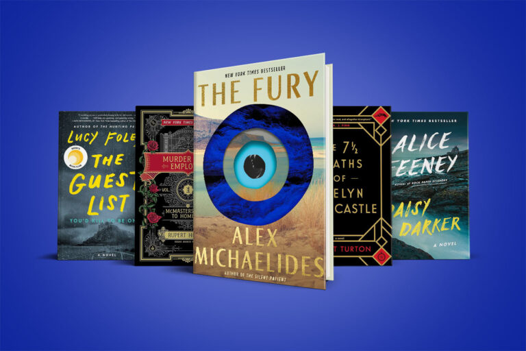 A collection of six books with varied cover designs displayed against a blue background. featured titles include thrillers and mysteries from different authors.