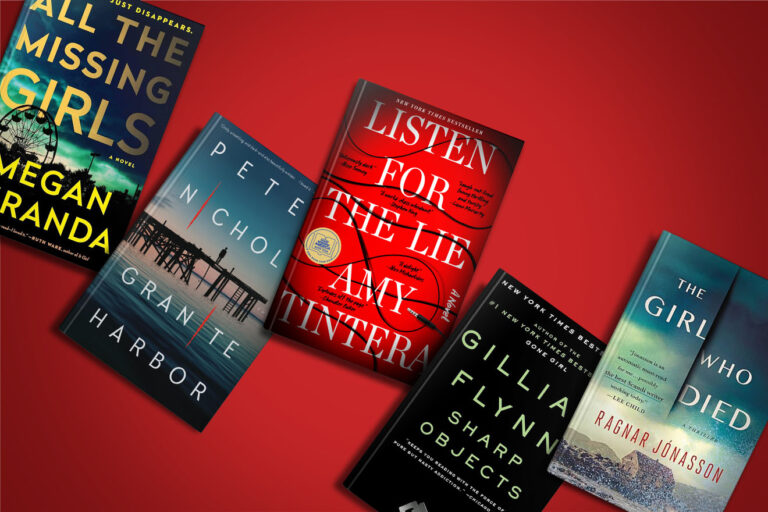 Six mystery novels are laid out on a dark surface with titles clearly visible. the books are by various authors, including megan miranda and gillian flynn, arranged in a slightly fanned out display.