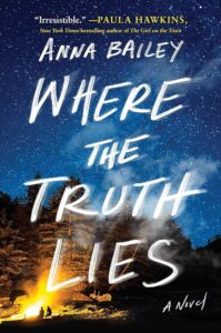 Book cover of "where the truth lies" by anna bailey featuring the title in bold white text, a small, distant fire at the bottom, and a starry sky backdrop.