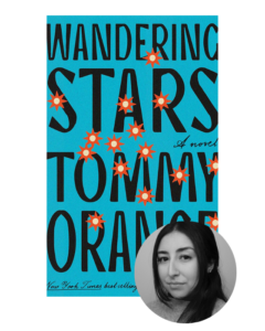 A book cover titled "wandering stars" by tommy orange, featuring a vibrant turquoise background with bold, stylized text and star motifs, incorporates a grayscale portrait of a woman in a circular frame at the bottom.