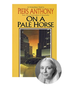 Book cover of "on a pale horse" by piers anthony featuring a cityscape with a golden hue, superimposed with a circular portrait of a smiling woman with blonde hair.
