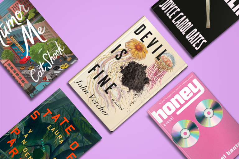 Five colorful books laid flat, each with unique and artistic cover designs, featuring titles "Under Me," "Devil Vs Fine," "Honey," and others.