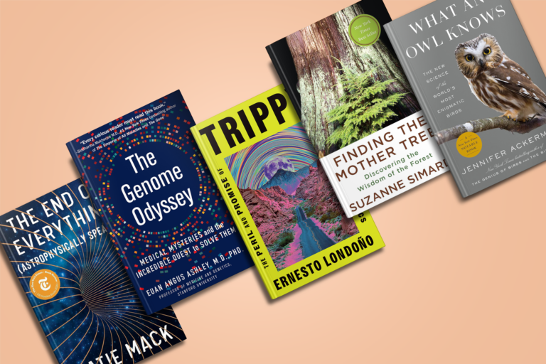 Three books displayed on a peach background: "The End of Everything" in blue, "The Genome Odyssey" in multicolor, and "What the Owl Knows" in green, each showing distinct cover designs.