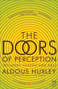 Book cover for "The Doors of Perception" by Aldous Huxley. The background features a radial pattern of green and yellow concentric circles. The title is in large black text, with the author's name and additional information below. A New York Times review is at the top.