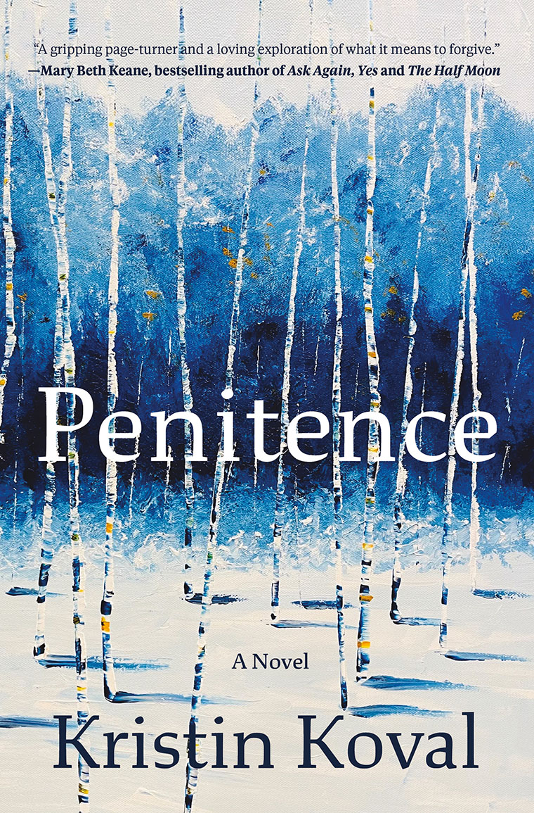 Book cover of "Penitence" by Kristin Koval, featuring a snowy birch forest with a blue and white color scheme.