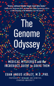 Book cover of "The Genome Odyssey" featuring a dark blue background, multicolored digital pixels, and prominent text including quotes from reviewers and author credentials.
