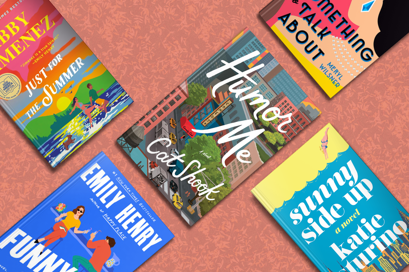 Five colorful romance novels arranged on a pink patterned background, viewed from above.