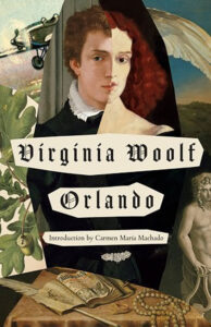 Cover of Virginia Woolf's "Orlando" with a portrait split into male and female halves, a table, and an angel wing in the background.