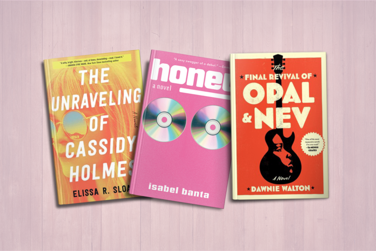 Three books: "The Unraveling of Cassidy Holmes," "Honey," and "The Final Revival of Opal & Nev" on a wooden surface.