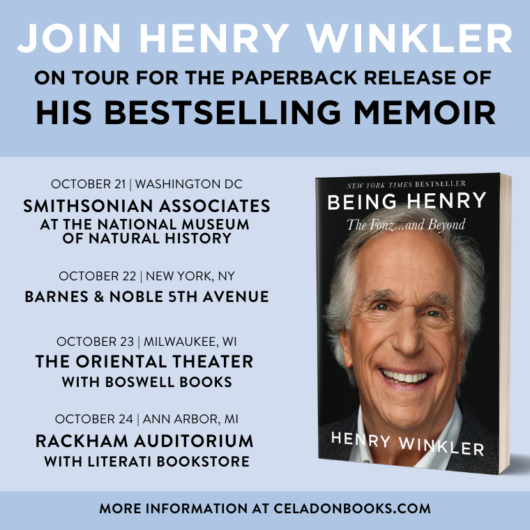 Promotional poster for Henry Winkler's 'Being Henry' paperback tour with book cover and event details for October 21-24.