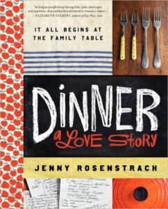 Cookbook cover of "Dinner: A Love Story" by Jenny Rosenstrach featuring cutlery, napkins, and food-related graphics.