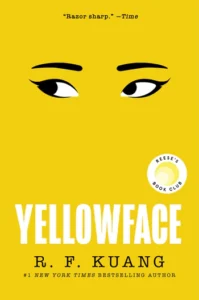 Book cover of "Yellowface" by R. F. Kuang, featuring stylized eyes on a yellow background with Reese's Book Club logo.