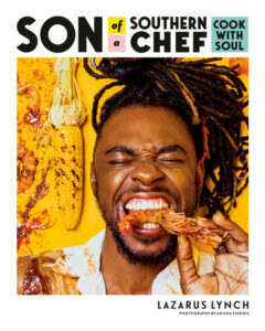 A person eating a shrimp, holding it with his teeth, against a yellow background with the book title "Son of a Southern Chef".