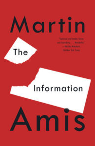 Cover of "The Information" by Martin Amis, featuring abstract shapes on a red background with black and white text.