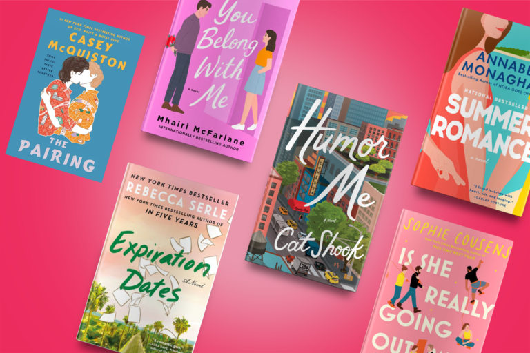 A selection of colorful romance books arranged on a pink gradient background, featuring various authors and titles.