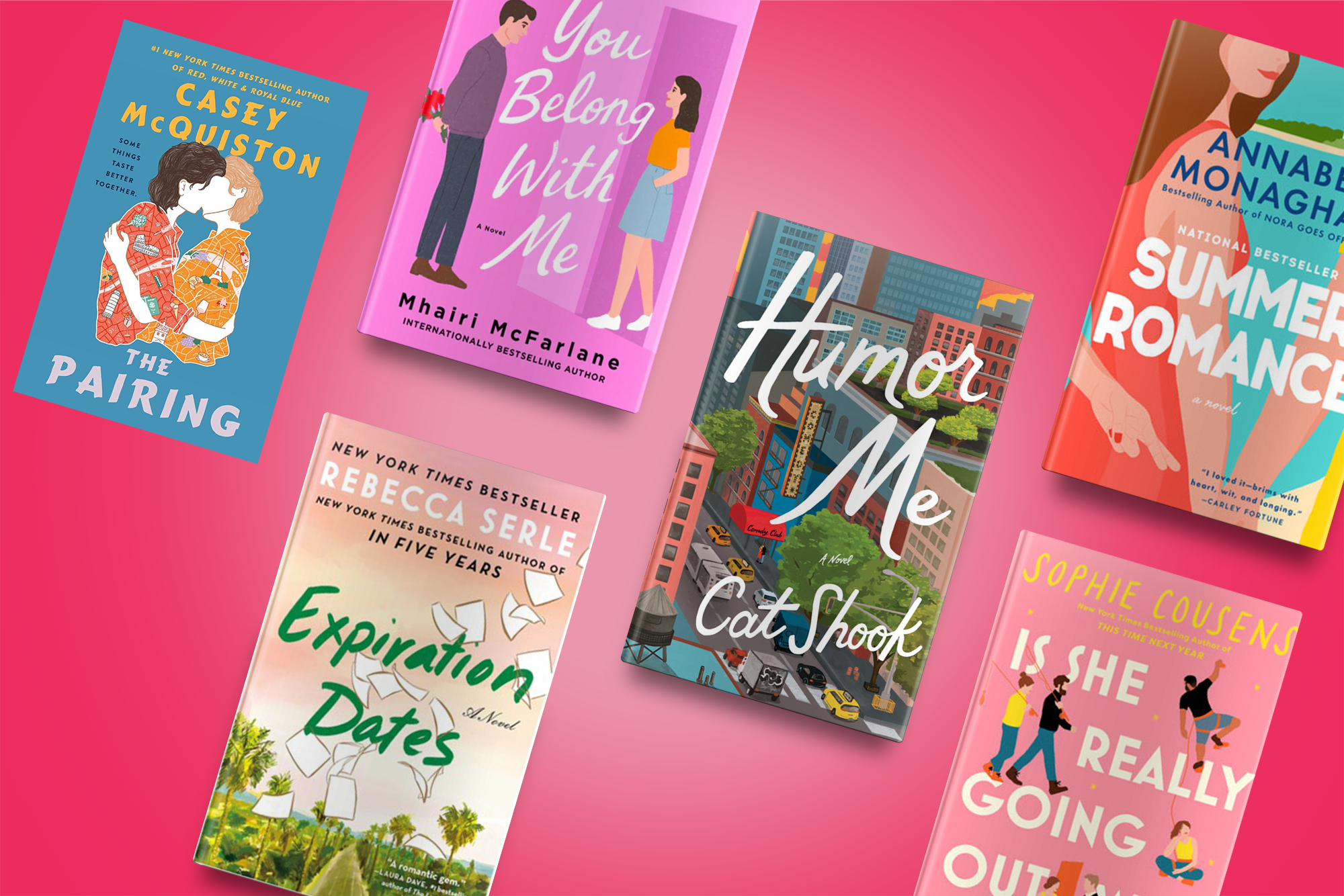 A selection of colorful romance books arranged on a pink gradient background, featuring various authors and titles.