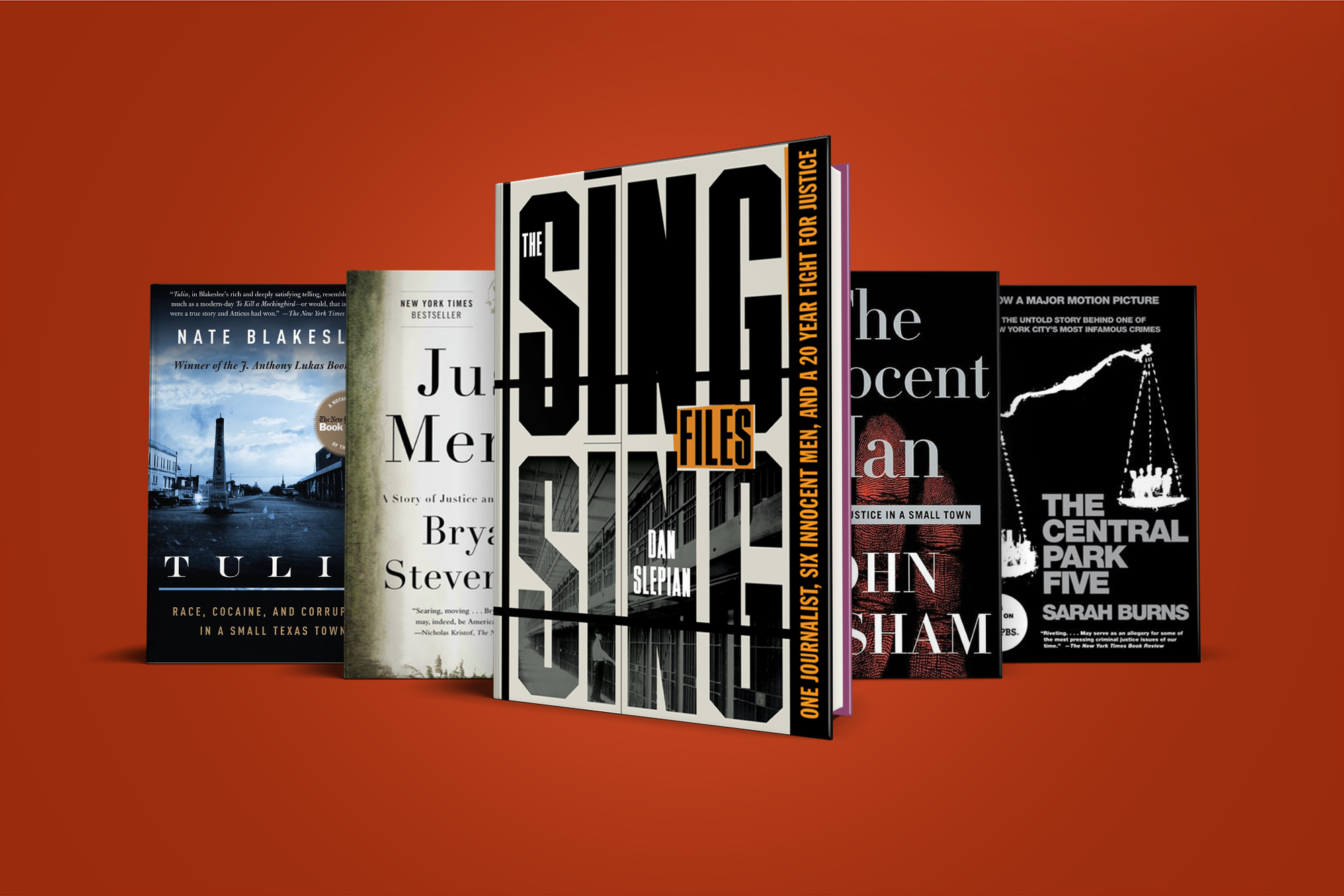 A collection of books featuring "The Sing Sing Files," "Tulia," "Just Mercy," "The Innocent Man," and "The Central Park Five.