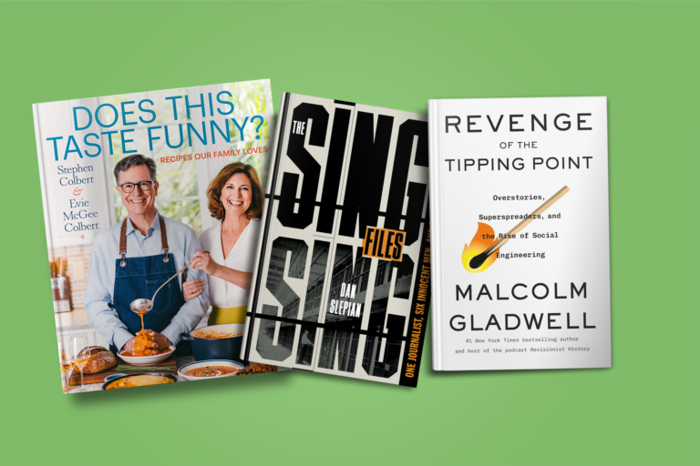 A cookbook, a music-themed book, and Malcolm Gladwell's non-fiction book against a green background.