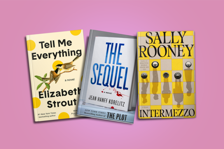 Three books on a pink background: "Tell Me Everything," "The Sequel," and "Intermezzo.