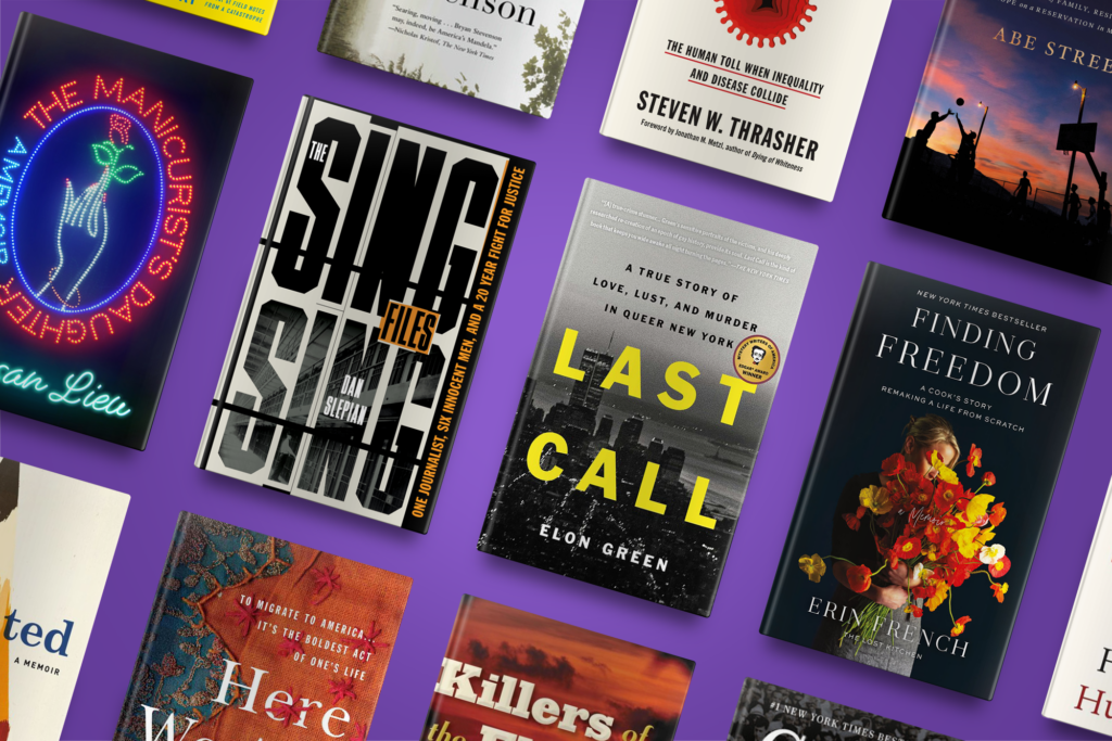 A collection of various books displayed on a purple background, showcasing their covers and titles.