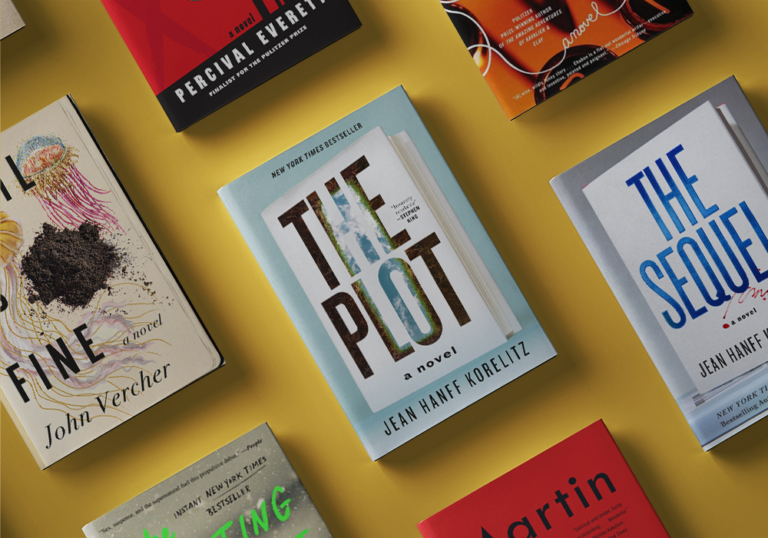 A collection of books displayed on a yellow background, including "The Plot" and "The Sequel".