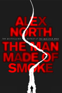 Book cover with a figure standing at the base of a white smoke trail against a black background with red text.