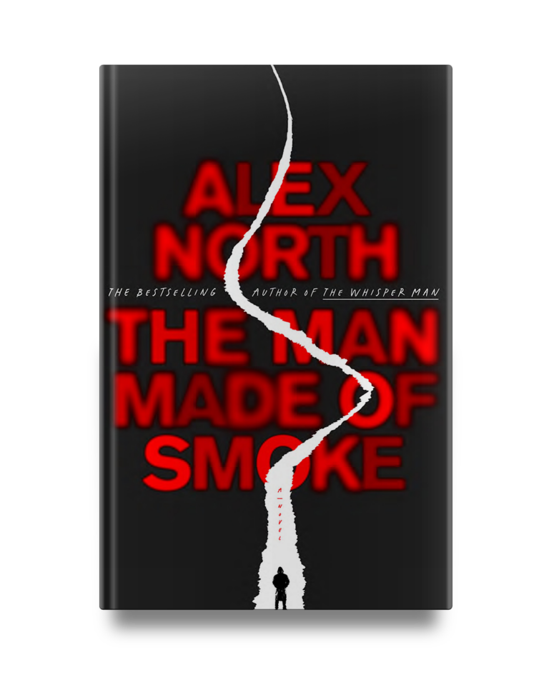 Book cover: "The Man Made of Smoke" by Alex North. Dark background with red text and a crack-like design.