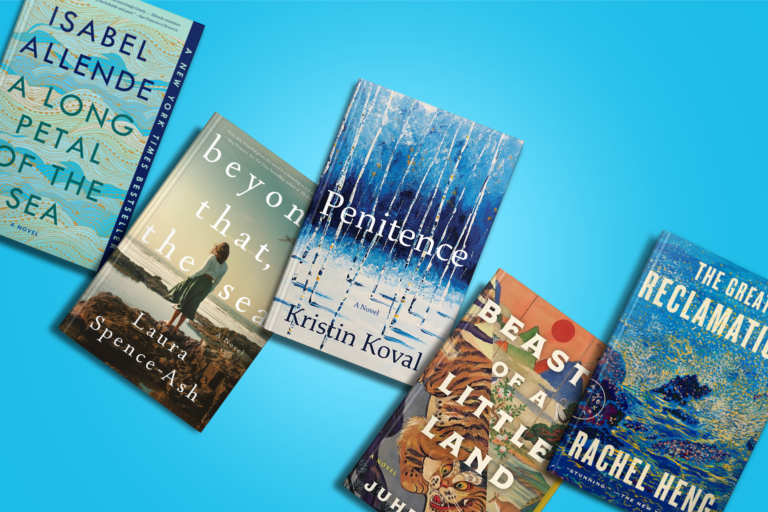 Five books with various covers are displayed on a blue background.