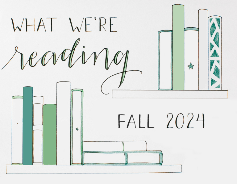 Illustration of bookshelves with green and blue books. Text: "What we're reading: Fall 2024.