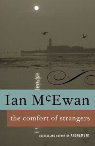 Cover of "The Comfort of Strangers" by Ian McEwan, showing a silhouette of a cityscape at sunset with birds flying.