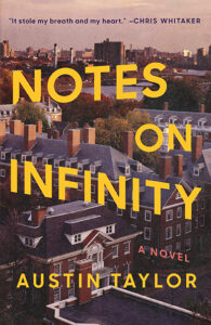 Book cover: "Notes on Infinity" by Austin Taylor, with city buildings and a sunset sky in the background.