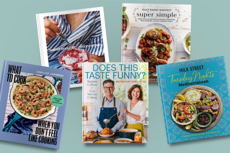 A collection of five colorful cookbooks, each with unique covers featuring food and culinary themes.