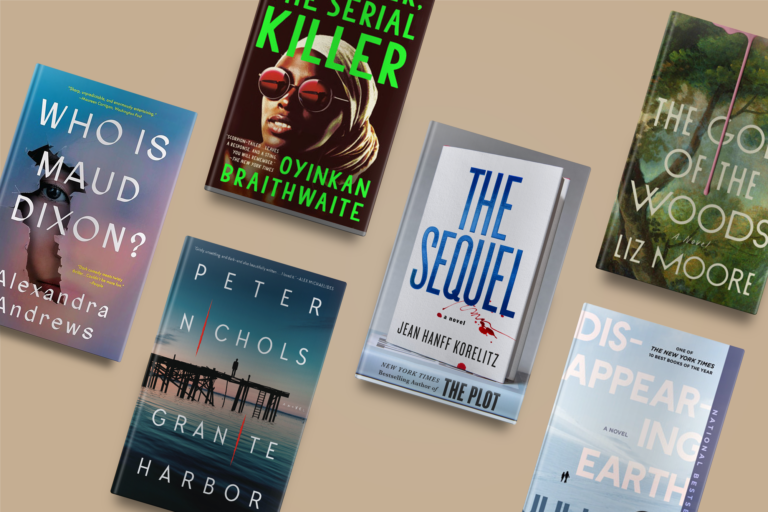 Six book covers displayed on a beige background, featuring various titles and authors.