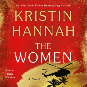 Book cover of "The Women" by Kristin Hannah featuring a helicopter silhouette and palm trees over a red background.