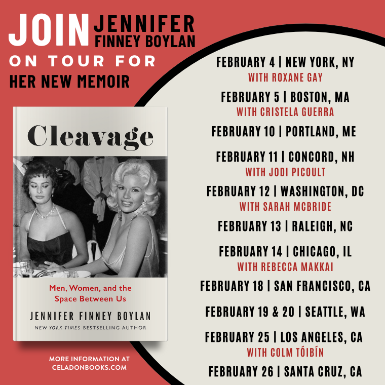 Promotional poster for Jennifer Finney Boylan's "Cleavage" tour with book cover and event details for multiple venues.