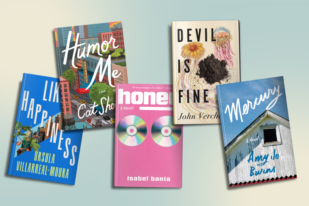 A display of five colorful book covers with various titles and authors.
