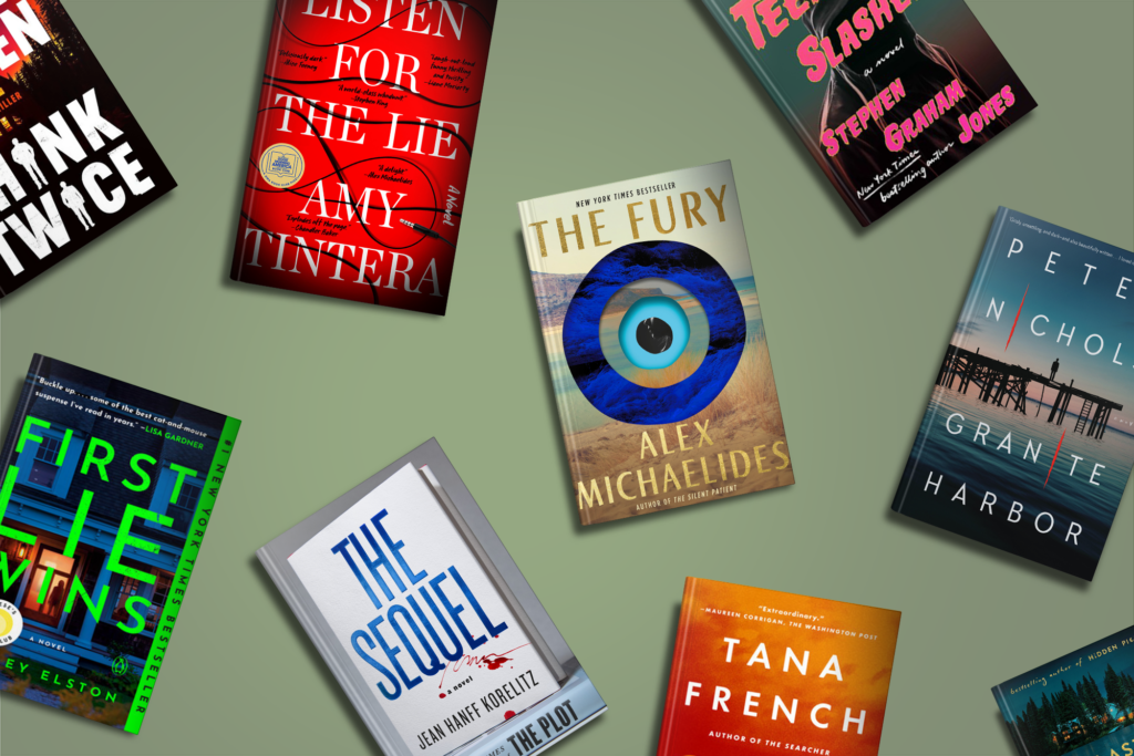 A selection of nine book covers arranged on a green background.
