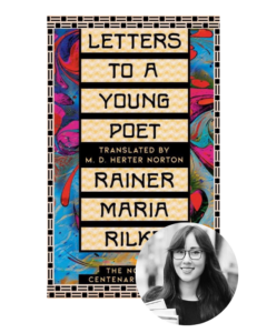 Colorful book cover of "Letters to a Young Poet" with a black and white photo of a smiling woman.