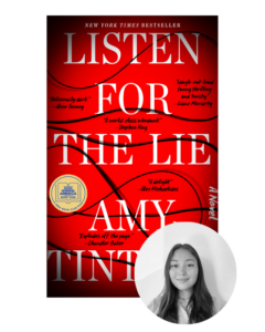 Book cover titled "Listen for the Lie" by Amy Tintera; features a red background with a woman's photo inset.