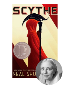 Cover of "Scythe" by Neal Shusterman with a silver award medal; grayscale inset photo of a person in the corner.