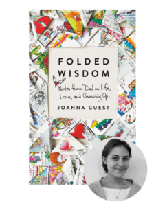 Book cover for "Folded Wisdom" with folded notes and a black-and-white inset photo of an unidentified woman.