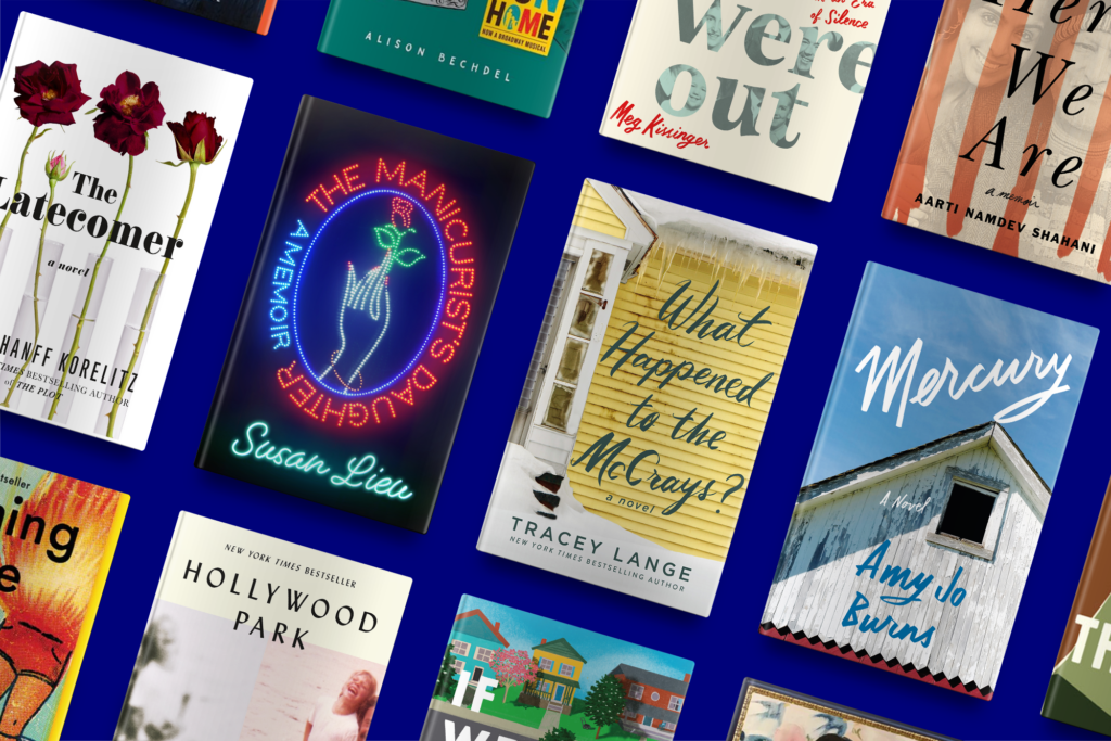 A colorful display of various book covers arranged against a blue background.