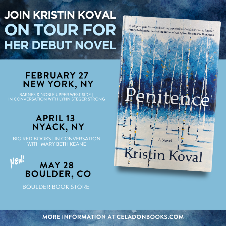 Promotional poster for Kristin Koval's debut novel "Penitence" with tour dates and city locations.