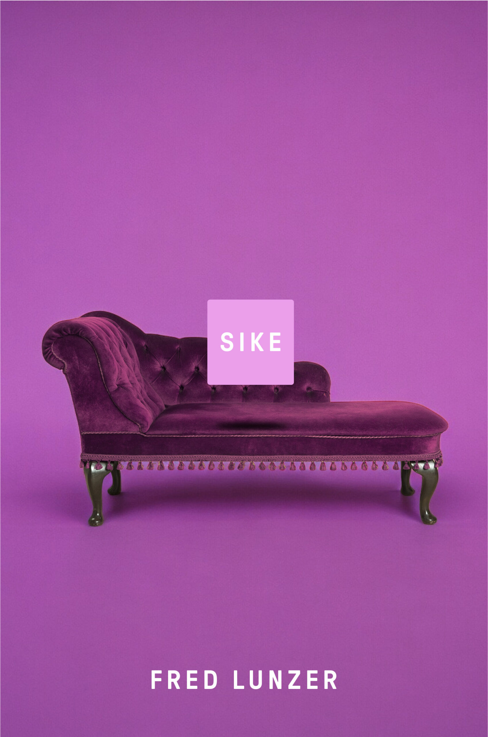 Purple chaise lounge with a cushion on a matching purple background, featuring the word "SIKE" above it.