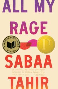 Book cover of "All My Rage" by Sabaa Tahir with award seals on a cream background.