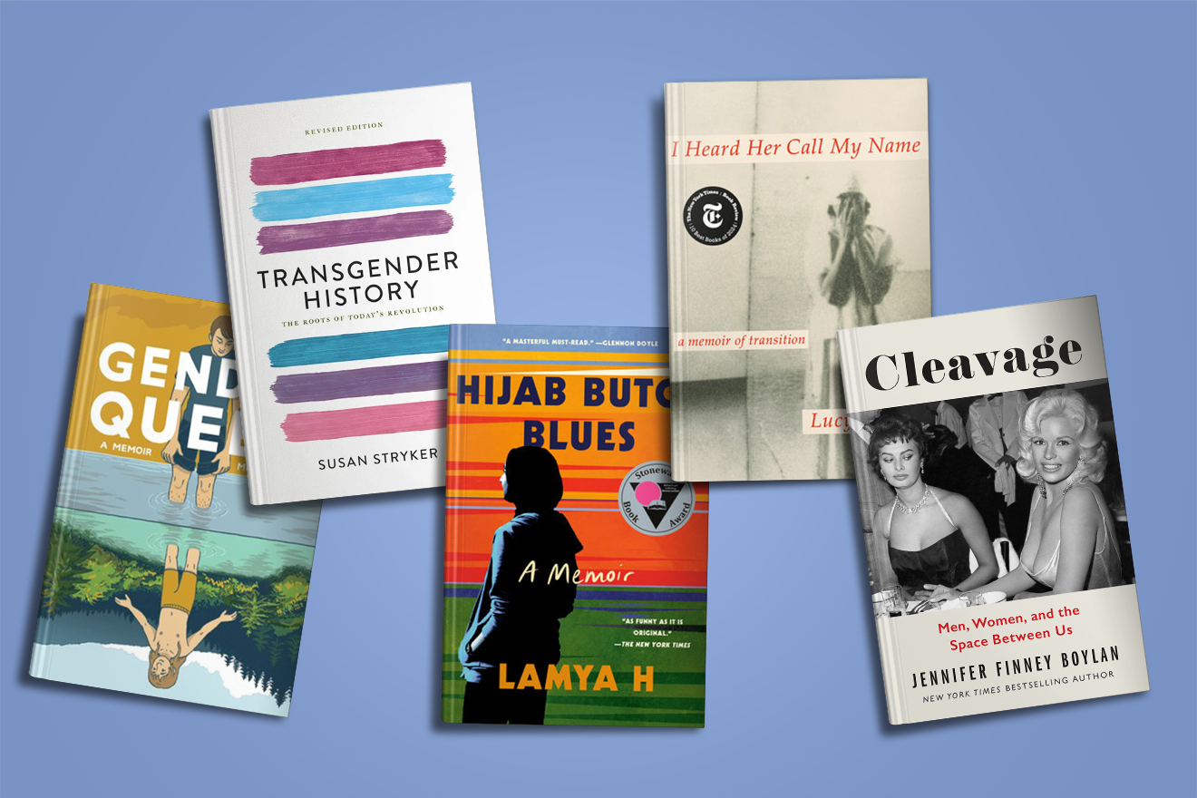 Five books on a blue background, including titles on gender, history, and personal memoirs.