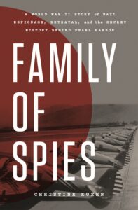Book cover of "Family of Spies" with vintage WWII planes and bold title text.