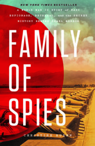 Book cover for "Family of Spies" with vintage airplanes lined up and bold title text over a red overlay.